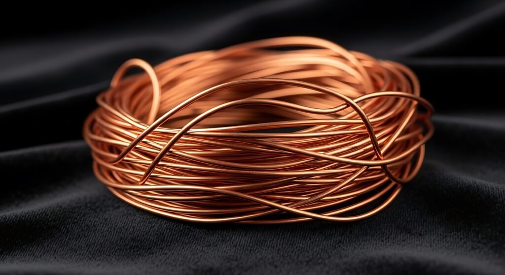copper wire coil on black satin fabric for jewelry making and craft projects